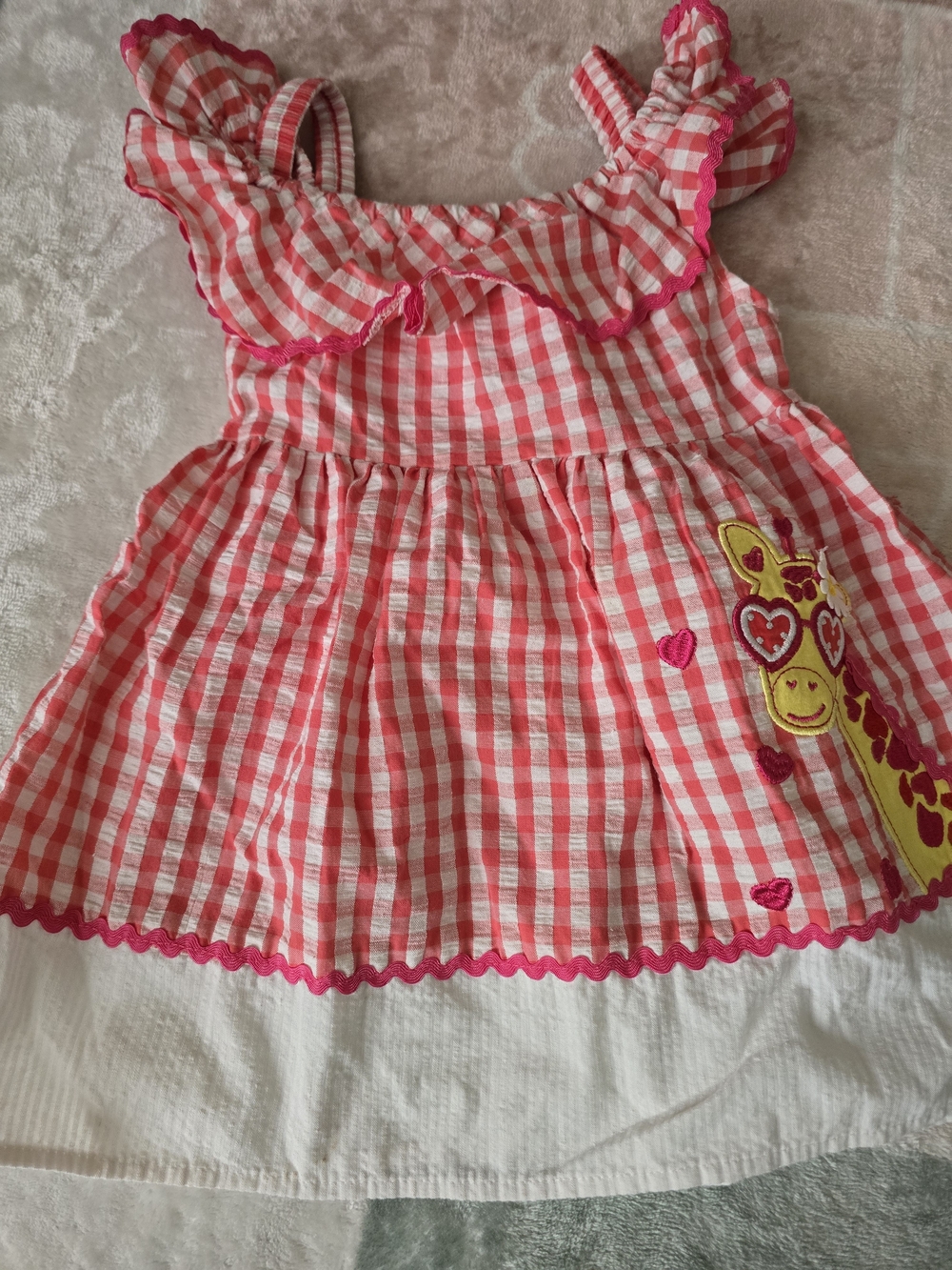 Nanette Baby Pink Gingham Dress with Yellow Giraffe Appliqué